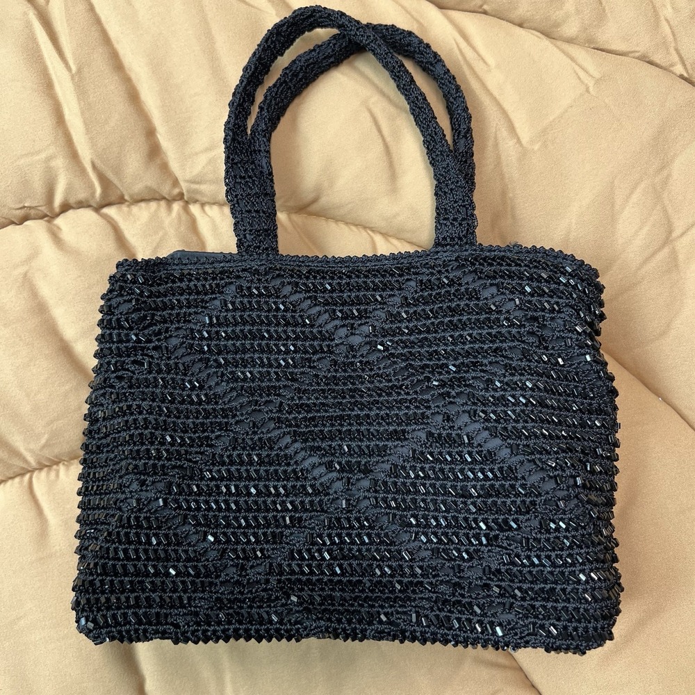 Vintage Valerie Stevens Beaded Black Bag Sparkling Black Glass Beads‎ Small